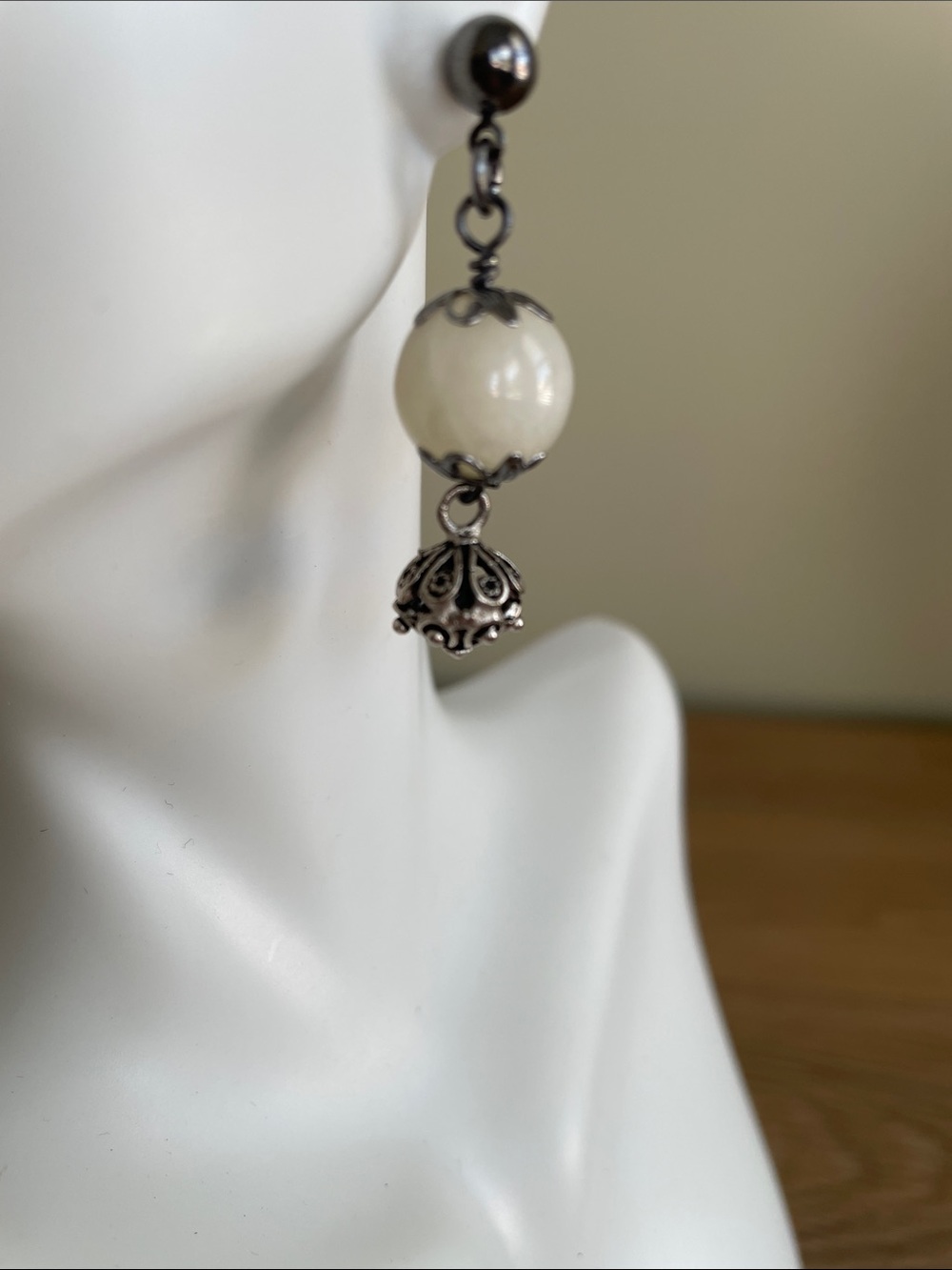 HAND CRAFTED WHITE CALCITE & GUNMETAL FILIGREE DANGLE EARRINGS Vintage-Inspired